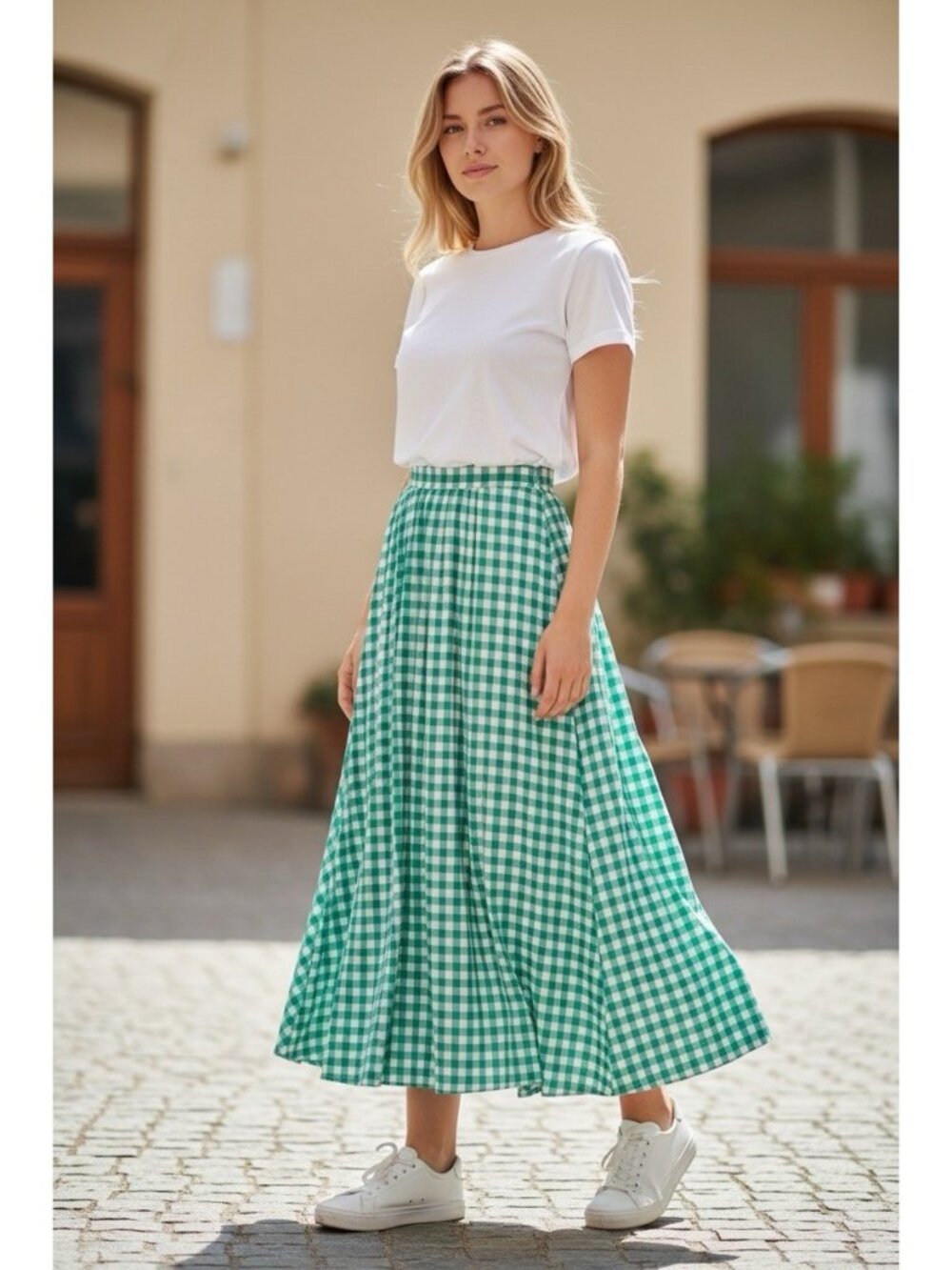A New Day Skirt Women’s XL Green And White Gingham Check Pleated Lined Ankle